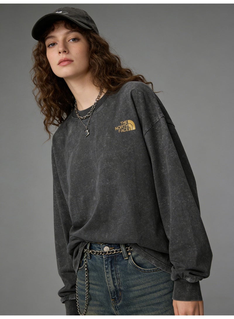 THE NORTH FACE 2026 The North Face retro washed unisex T-shirt with round neck, high-quality thick cotton loose T-shirt pullover with gold logo, retro street clothes for men and women. - Image 1